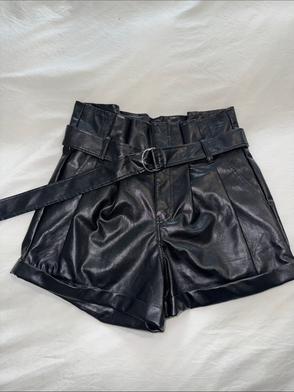 Madden NYC Black Faux Leather Paperbag Shorts- High-Waisted